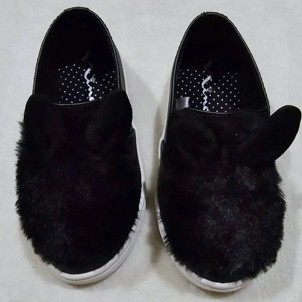 Nina ✦ Bunny Ear Slip-On Shoes ✦ Black Faux Fur Toddler Flats Girls 10 NWT